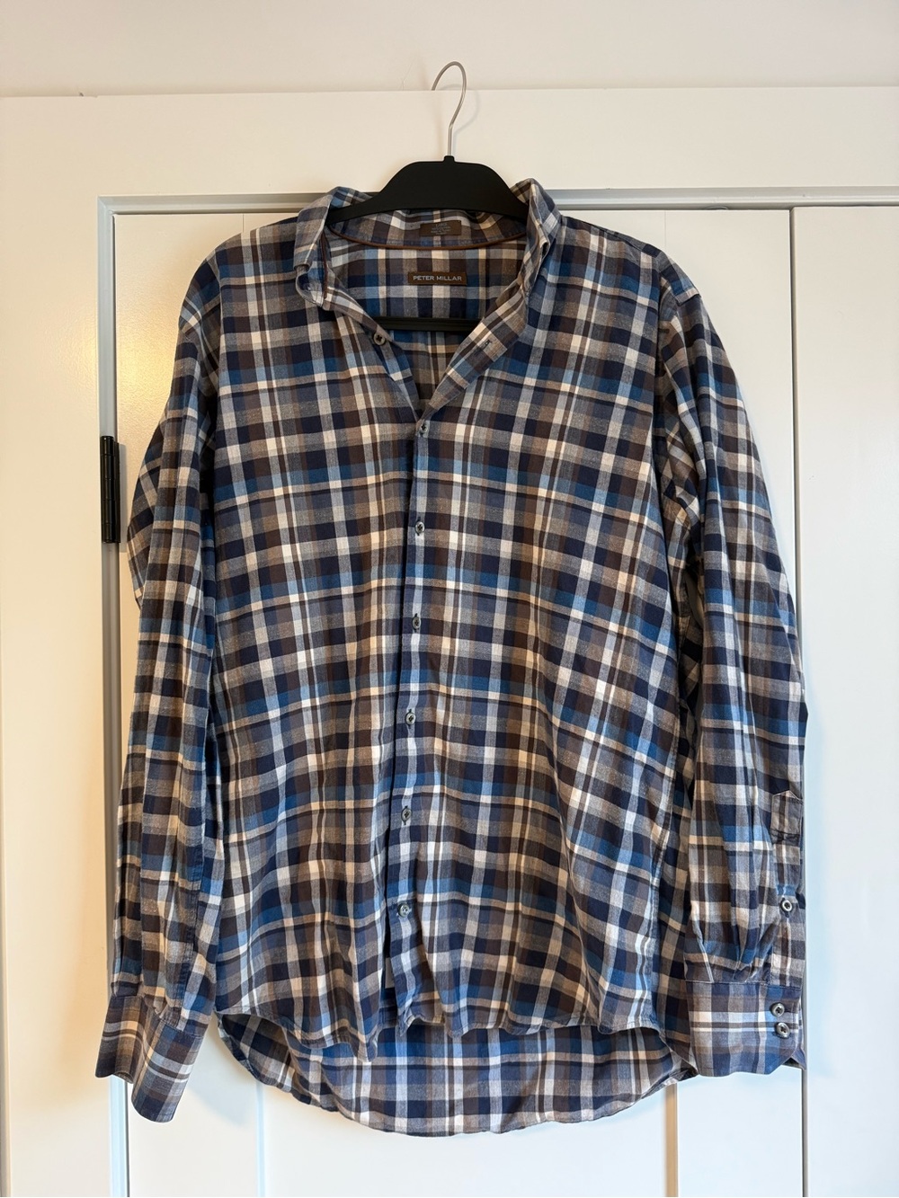 Peter Millar Men’s Blue and White Plaid Long-Sleeve Button-Down Shirt